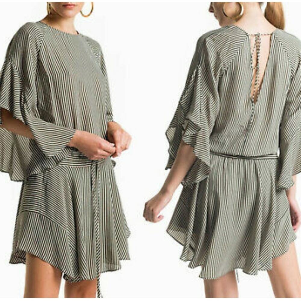 A.L.C. Camel & Sage Striped 100% Silk Flutter Sleeve Dress, Sz 2